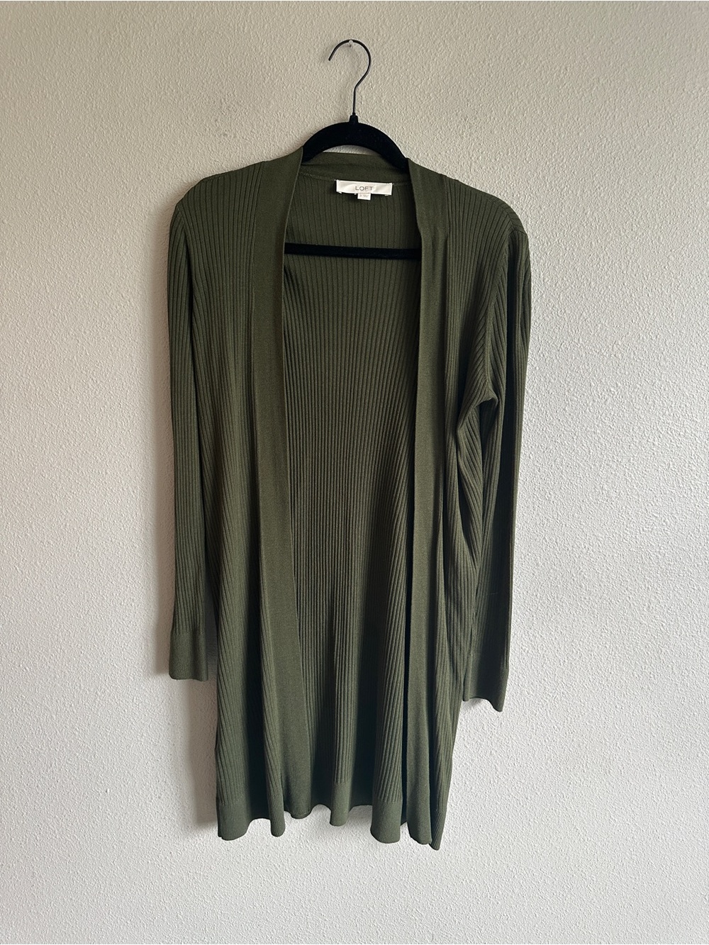 LOFT Olive Green Ribbed Long Open-Front Cardigan Small